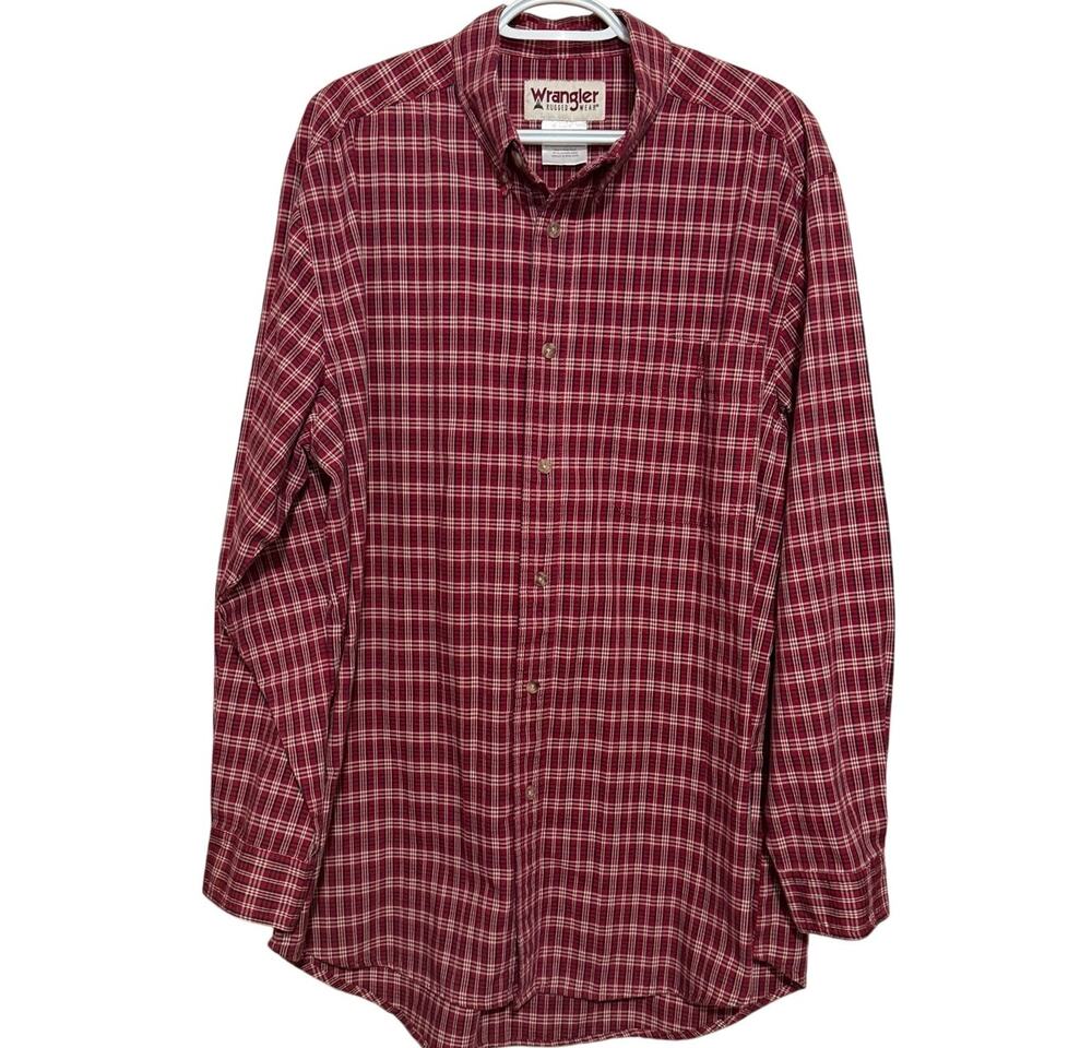 Wrangler Rugged Wear Men's Red Black Plaid Long Sleeve Button Down Shirt Size XL